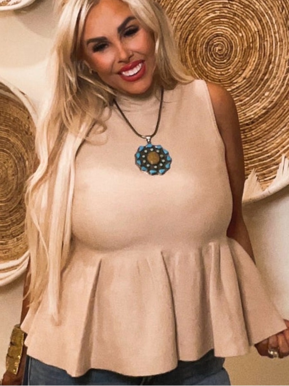 NWT FATE Sleeveless Peplum Mock Neck Top - Beige